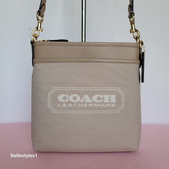 COACH Kitt Badge Jacquard & Smooth Leather Crossbody- Chalk Taupe ⭐ - Picture 6 of 15